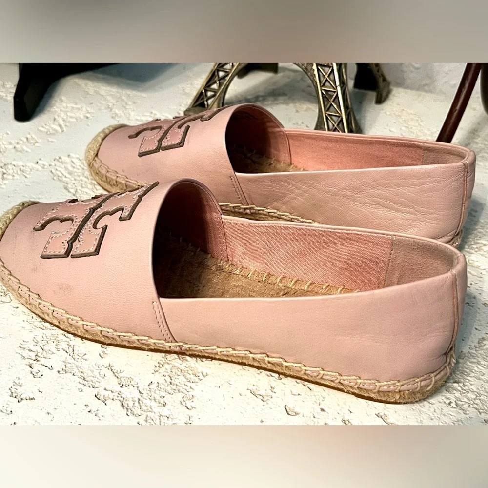 Tory Burch Ines Leather Espadrilles Sea Shell Pink Silver, Size 7